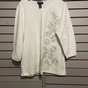 d&co Denim And Company Top Shirt Blouse 3/4 Sleeves L EUC Solid Tee Embroidered